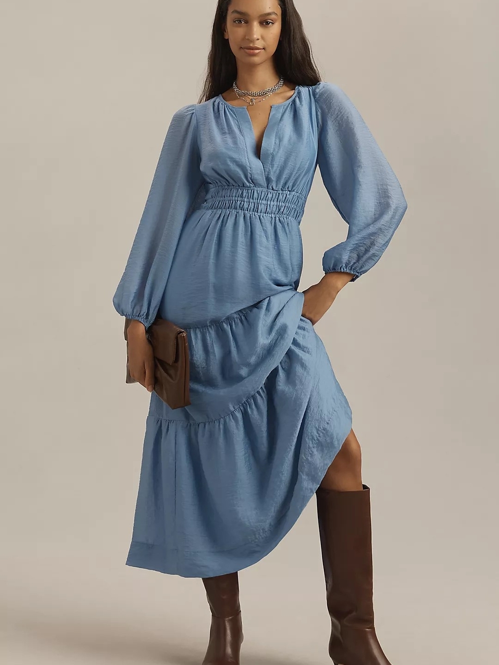 Anthropologie Light Blue Smocked-Waist Tiered Midi Somerset Dress